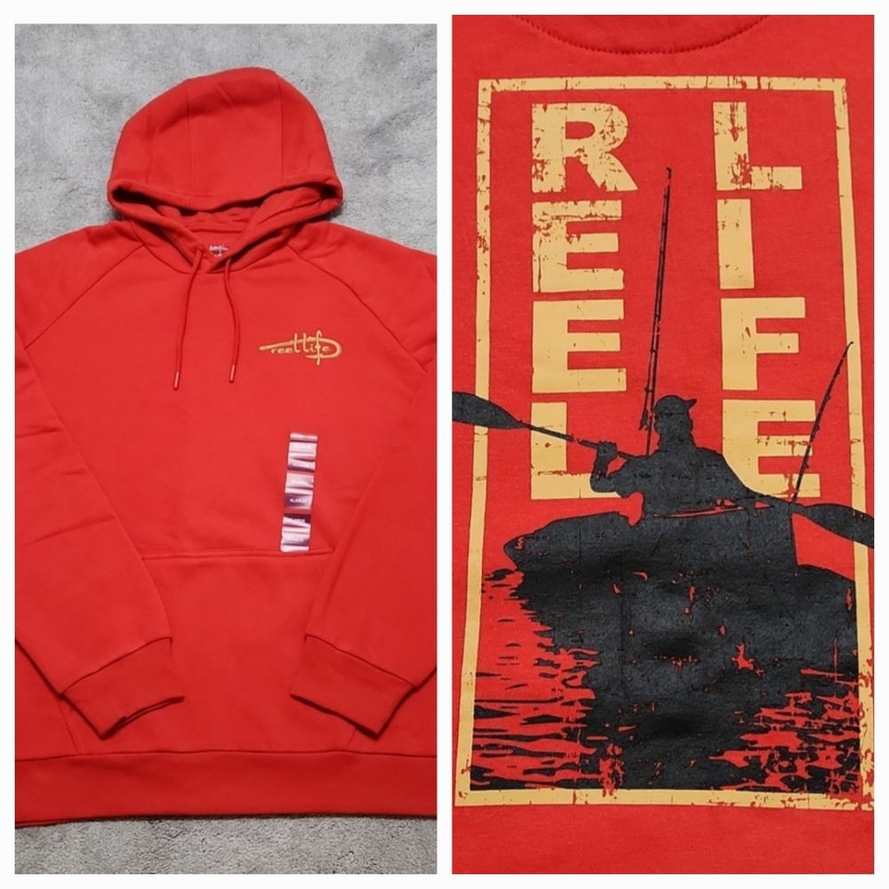 Reel Life Sweatshirt Hoodie Red XL Fisherman Graphic on Back